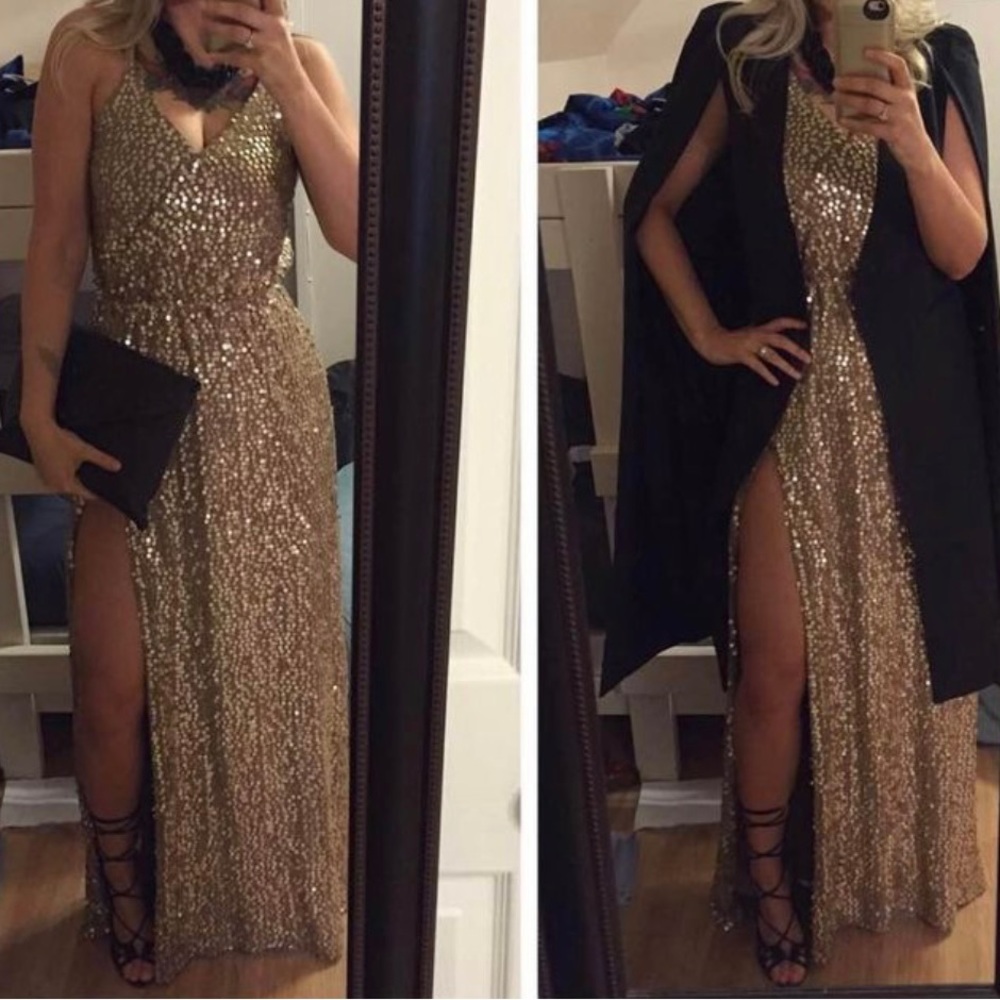 Sequins deep v plunge neckline gown.